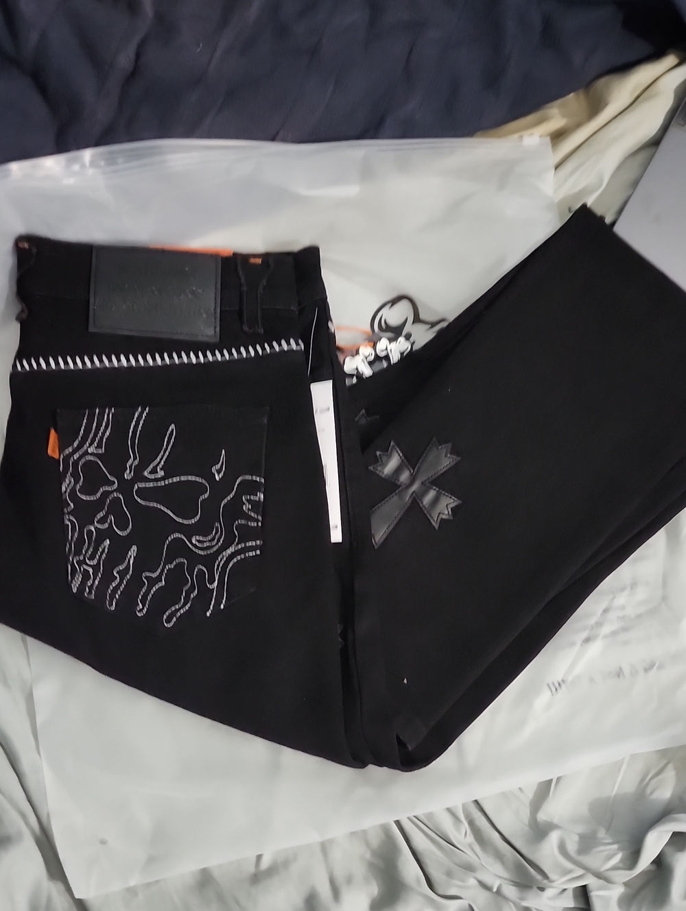 Men's Black Slim Straight Jeans with Embroidered Pocket and Cross Patch